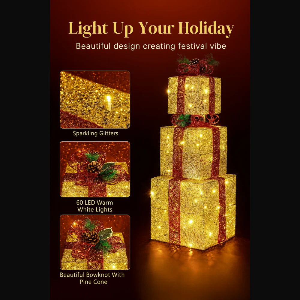 Set of 3 Illuminated Christmas Gift Boxes - 10