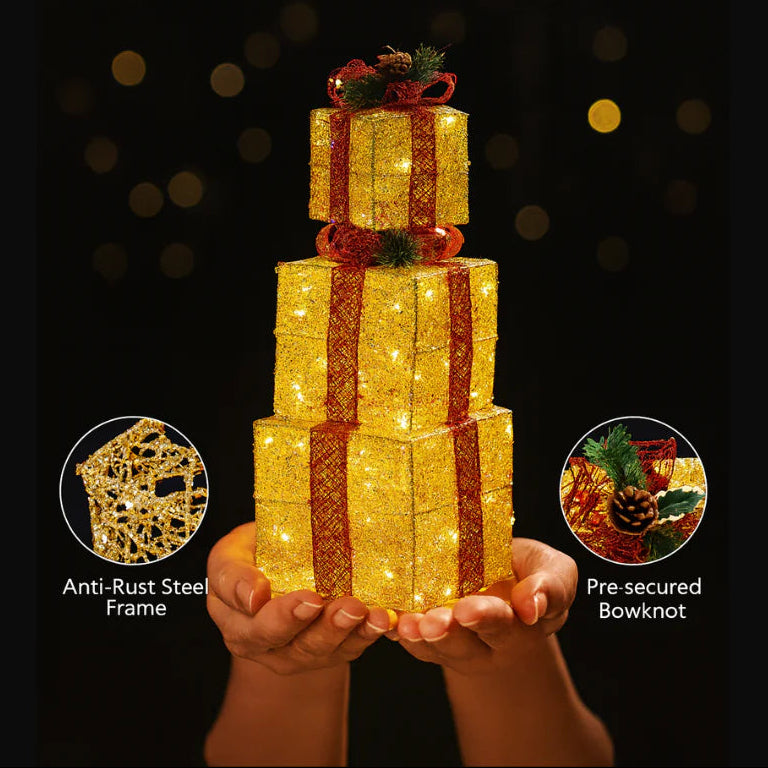Set of 3 Illuminated Christmas Gift Boxes - 10", 8", and 6" Golden LED Decorative Presents with US Plug
