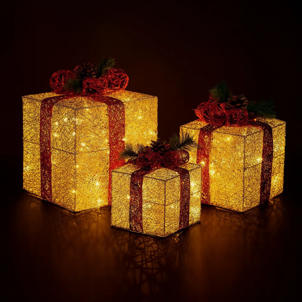 Set of 3 Illuminated Christmas Gift Boxes - 10", 8", and 6" Golden LED Decorative Presents with US Plug